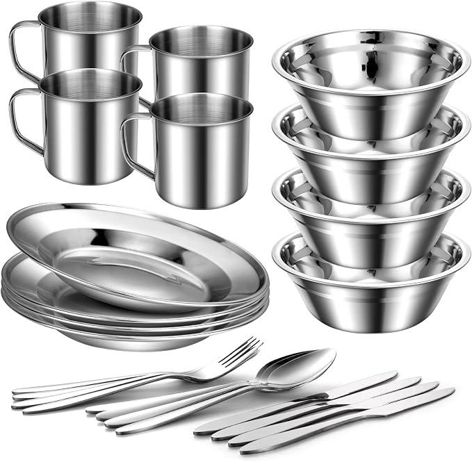 Odoland 29pcs Stainless Steel Utensils Camping Mess Kits for 4 Person | with Bowls Plates Cups Forks Spoons and Knives, Camping Cutlery Set for Backpacking, Family, Outdoor Hiking and Picnic