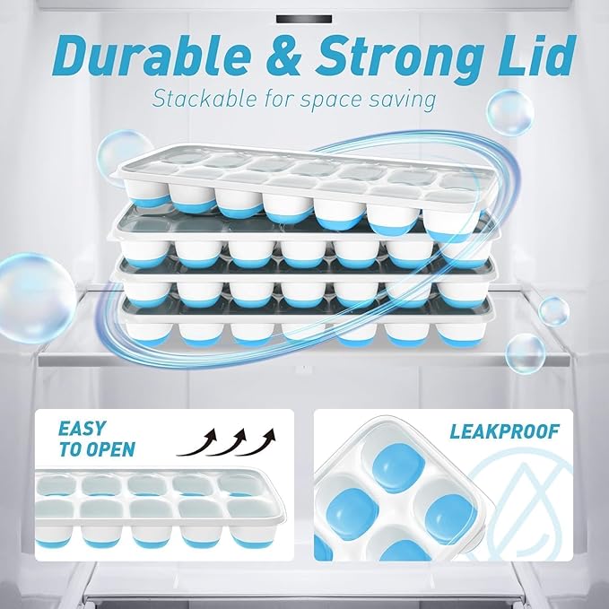 ChefAide Ice Cube Tray with Lid, 2 Packs 28 Cubes Durable Stackable Ice Cube Trays for Freezer with Removable Lids, Easy-Release Plastic & Silicone Ice Tray for Cocktail, Coffee
