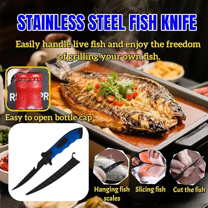 Fishing Knife Set, Fish Cleaning Kit, Filet Knife for Fish, Fish Scale Cleaning Brush, Multi-Functional Scissors, Gloves, Fishbone Tweezers, Storage Bag,Fishing Accessories,Fishing Tool Kit