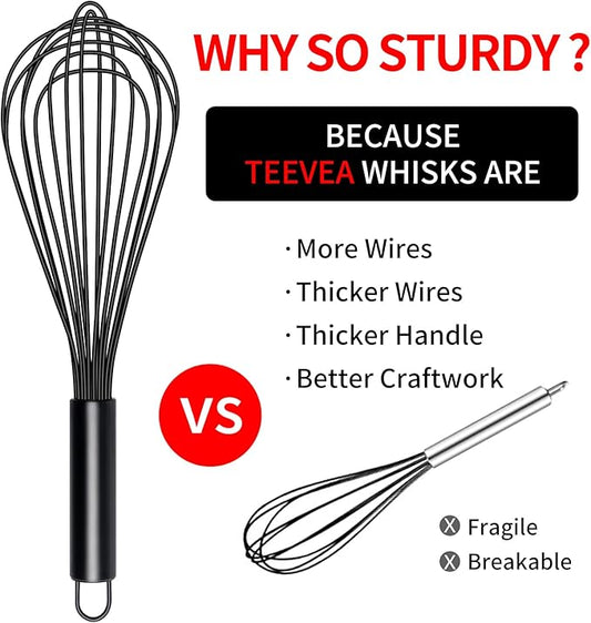TEEVEA Silicone Whisk Set of 3 Non Scratch Non Stick Silicone Coated Stainless Steel Wire Whisks Heat Resistant 480°F Kitchen Wisk for Cooking Blending Whisking Tool Black