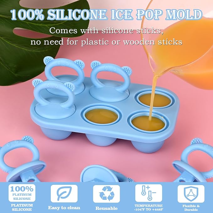 Sakolla Baby Popsicle Molds Mini 6-Cavity Silicone Ice Pop Mold with Sticks Breastmilk Popsicle Molds for Teething Relief Toddler Popsicle Mold for Ice Cream Frozen Yogurt and Fruit Juice (Blue)