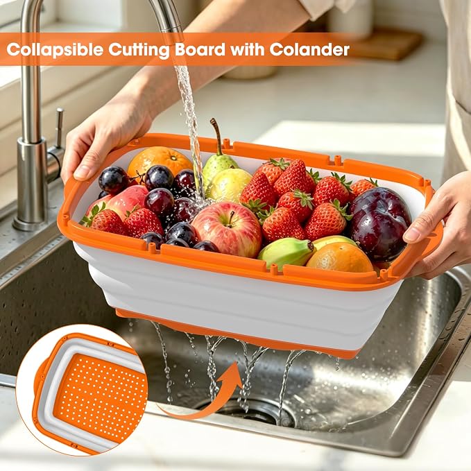 Gintan Camping Cutting Board, 9-in-1 Collapsible Chopping Board with Colander, Kitchen Vegetable Washing Basket for Camping, Camping Gifts Camping Accessories for RV Campers (orange)