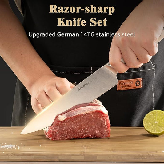 Astercook Knife Set Kitchen with Block and Sharpener Premium Full Tang 17 Pcs German Stainless Steel Knives Dishwasher Safe Kitchen Utensils Set with with and Anti-slip Ergonomic Handle, Cream White
