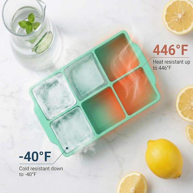 KitchFort® Large Silicone Ice Cube Tray (2-Pack), Easy Release 2" Big Ice Cubes - Cocktail, Whiskey Ice Cubes Mold - Ice Trays for Freezer with Lid - Stackable Silicone Ice Tray - Green