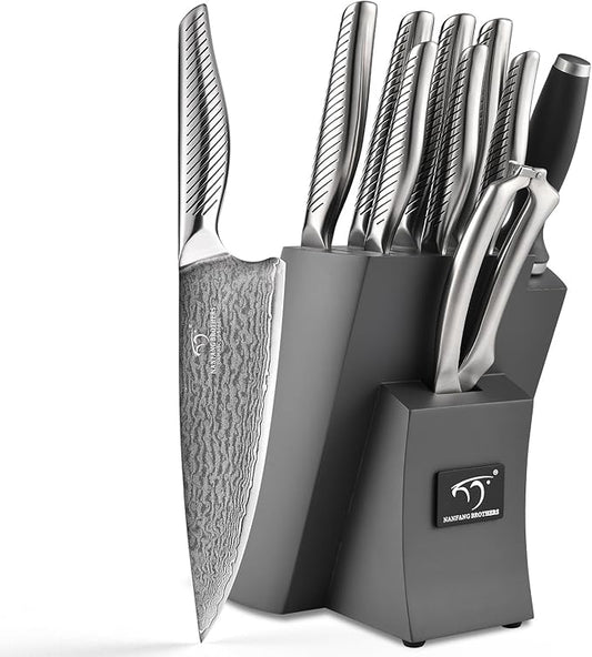 NANFANG BROTHERS® 10 Pieces Damascus Kitchen Knife Set, High Carbon Stainless Steel Damascus Steel Chef Knife Set, Stainless Steel Ergonomic Handle for Chef, with Built-in Sharpening Rod NF