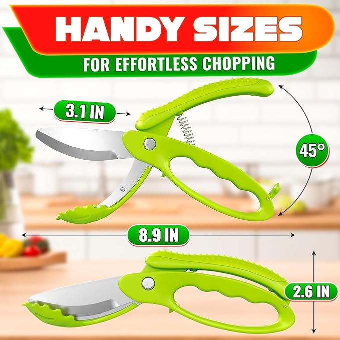 Salad Scissors for Chopped Salad, Two-Blade, Spring-Loaded System | 8.9" Salad Chopper Scissors for Fast Double Cutting; Chops Lettuce, Veggies, and Fruits; Non-Slip Handle; Anti-Slash Head