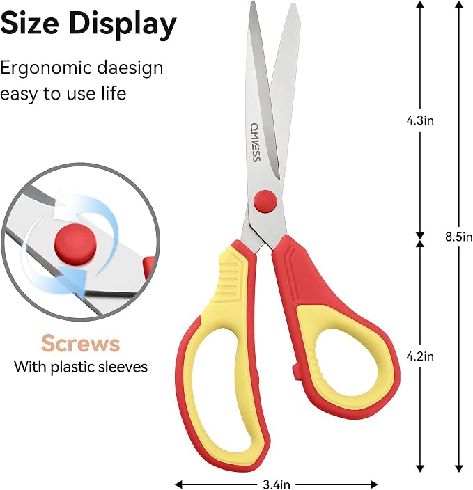 QMVESS 8.5" Scissors All Purpose 3 Pack Heavy Duty for Office School Fabric | Ultra Sharp 2.5mm Thick Stainless Blade, Ergonomic Comfort Grip, Left & Right Handed Classroom Must-Have Cutting General Use