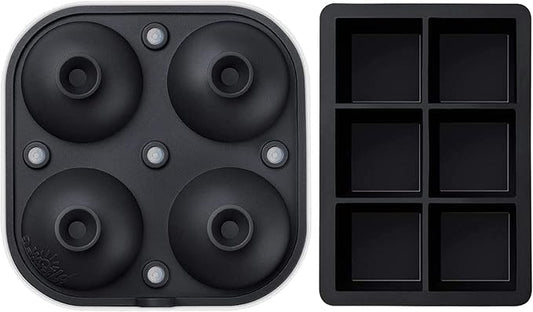 Samuelworld Large Silicone Premium Ice Trays, 2-Pack Combo, 2 Inches Big Ice Cube Tray & 2.5 Inches Large Ice Sphere - BPA Free, Craft Ice Maker for Gifting, Whiskey, Cocktails, Easy Release - Black