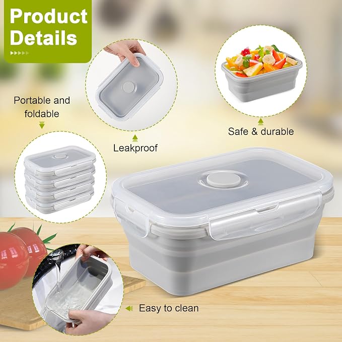 Set of 8 Silicone Collapsible Bowls for Camping with Vent Lid Silicone Storage Containers for Food Meal Preparation Square Bowl Microwave Freezer Dishwasher Safe(Gray,17 Oz/ 500 ml)