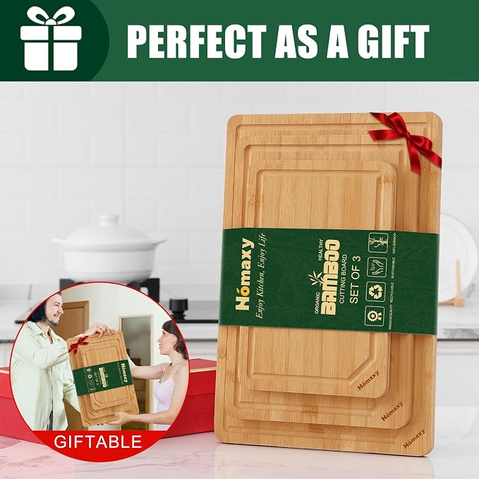 Homaxy Organic Bamboo Cutting Boards Set for Kitchen Set of 3 | Wooden Cutting Board Set with Juice Groove and Handles, Charcuterie Butcher Block Serving & Chopping Board, Pre Oiled