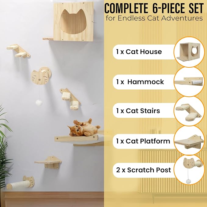 Wall Climber Set – Mounted Shelves and Climbing Bridge for Active Indoor Pets – 6-Piece Furniture Set