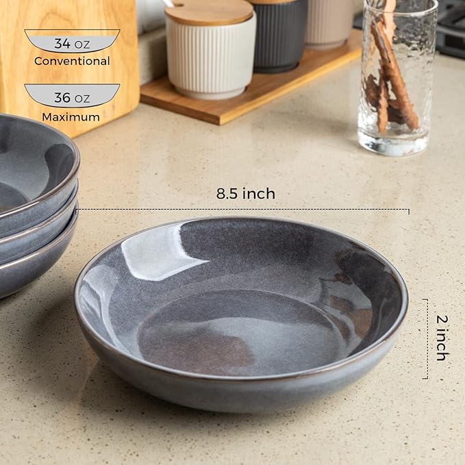AmorArc 8.5'' Large Pasta Bowls, 36oz Stoneware Pasta Serving Bowls Set of 4 for Kitchen, Wide Bowls for Pasta,Salad,Fruit,Oatmeal, Microwave Safe, Reactive Glaze-Gray
