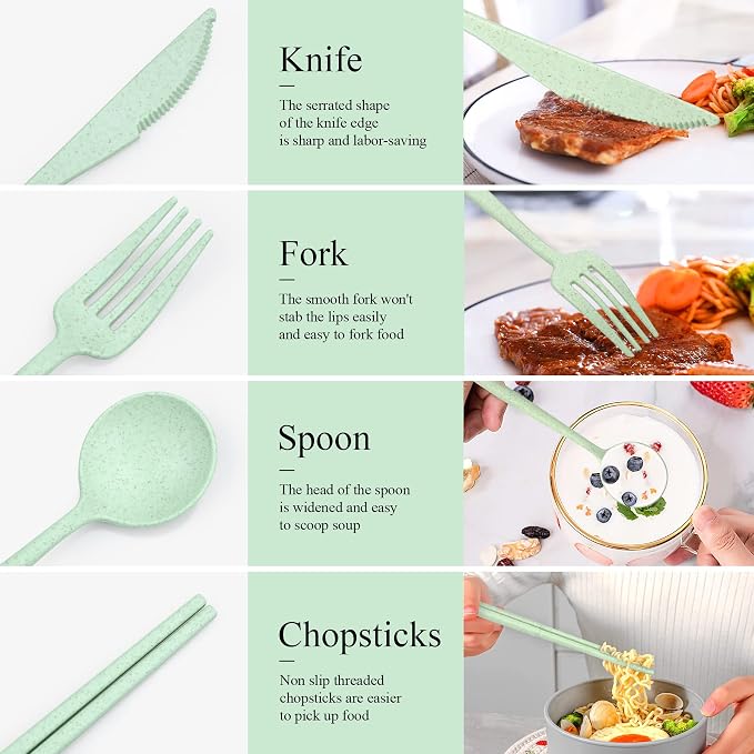 DISSKNIC 4 Sets Travel Utensils with Case, Cutlery Set Chopsticks Fork Spoon Knife with Case, Reusable Plastic Utensils Sets for Lunch Box Accessories,Portable Lunch Box Utensils Set for Daily Use