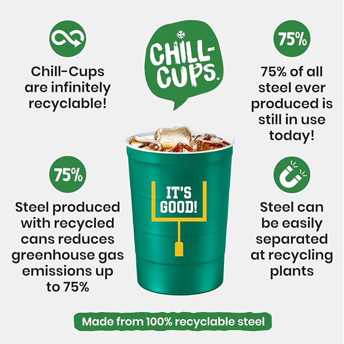 Steel Chill Cups 16 oz. Reusable Party Cups, Football, Green, 12 Count | Made in USA from Steel these durable cups chill fast & keep your drink cold for longer, 100% recyclable for sustainablity