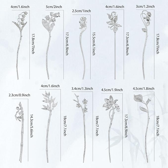 Lawie 10 Pack Silver Hair Sticks Flower Leaf Decorative Metal Long Hair Pins Bun Holders Chopsticks for Hair Chinese Hanfu Costume Retro Vintage Fancy Headpieces Accessories for Women Girls