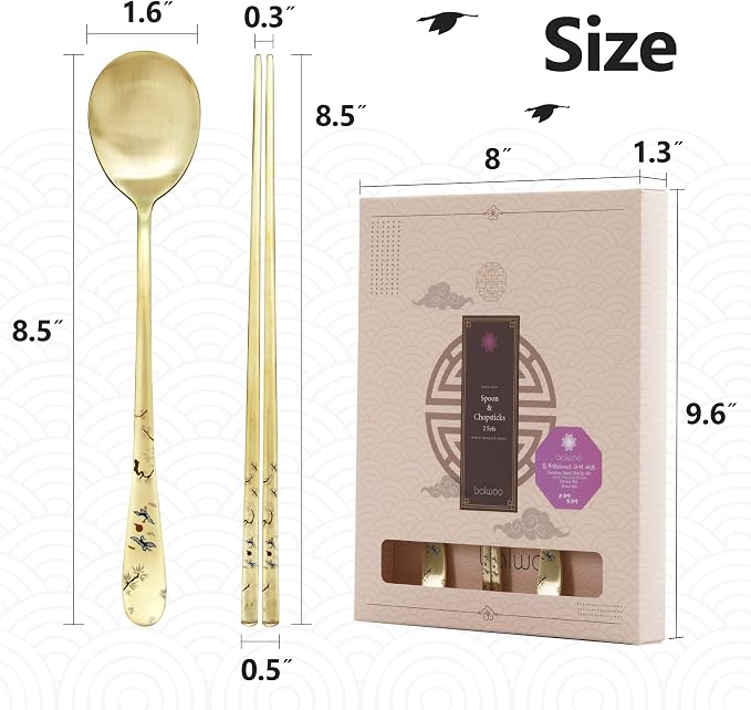 [2 Sets] [Made in Korea] Crane Painting Design Korean Table Sticky Rice Spoon and Chopsticks 304 Stainless Steel Gold Titanium Plated Mukbang Cutlery