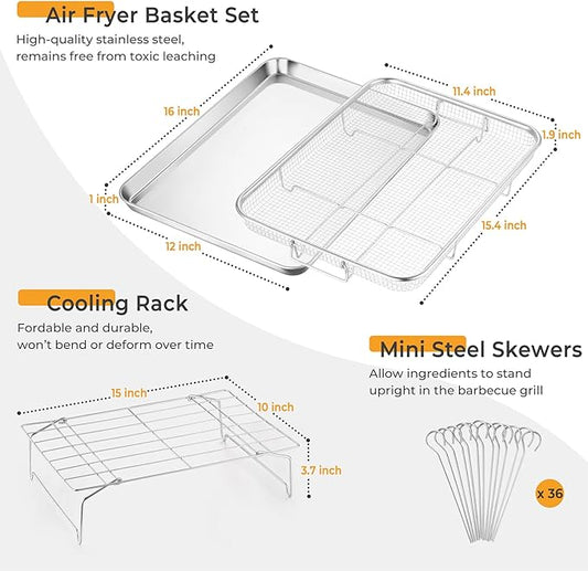 P&P CHEF 16 Inch Baking Cookie Sheet with Rack, 15.4 Inch Air Fryer Basket for Oven, Stackable Rack & 36 Skewers for Cooling, Baking, Roasting, Multifunctional and Utility Set for Kitchen