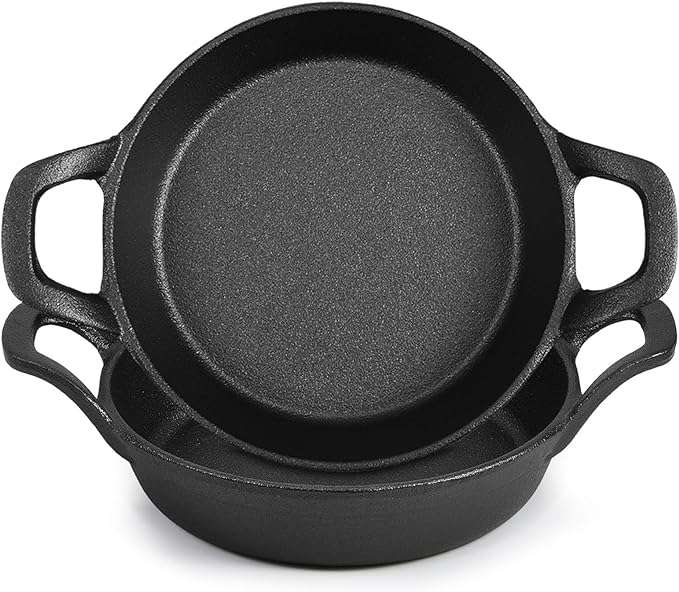 Mini Cast Iron Skillets 6.3 x 6.3 x 1.5 Inch Cast Iron Pan Small Ramekin Set Black Casserole Dish Cookware Oven Safe Mini Skillets for Kitchen Indoor Outdoor Picnic (2 Pack)