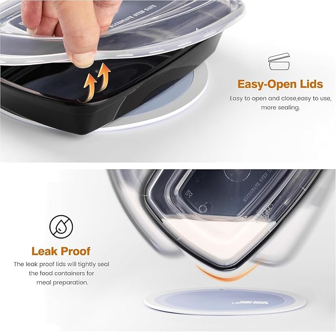 Glotoch Express 32oz 1-Compartment Black Square Food Containers with Lids, Durable BPA-Free Plastic Meal Prep Boxes, Microwave/Freezer/Dishwasher Safe, 300 Pack