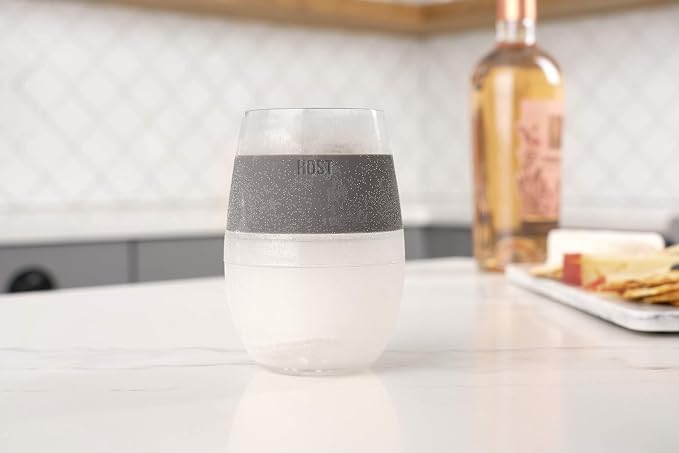 Host Wine Freeze Cup Set of 2 - Plastic Double Wall Insulated Wine Cooling Freezable Drink Vacuum Cup with Freezing Gel, Wine Glasses for Red and White Wine, 8.5 oz Grey - Gift Essentials