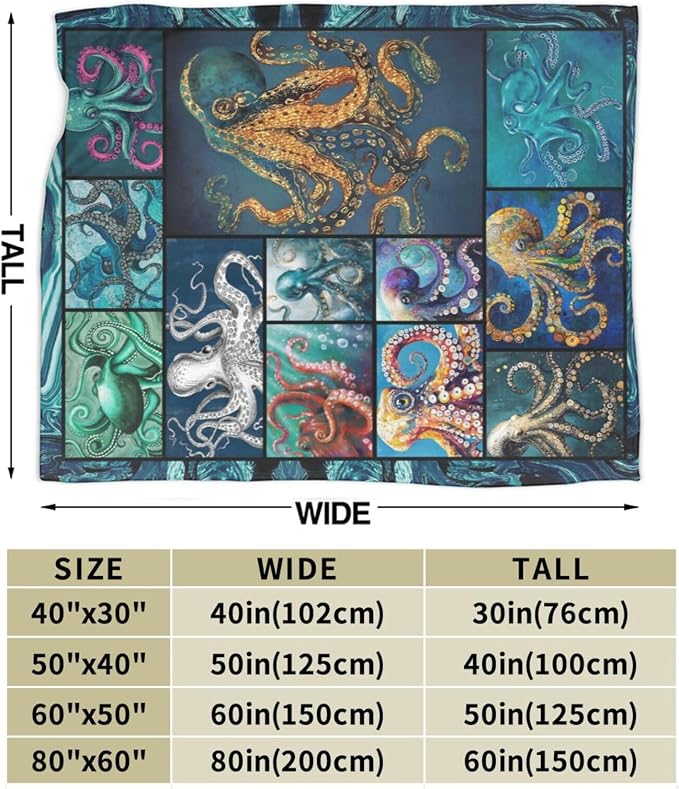 Ocean Octopus Blanket Soft Octopus Flannel Fleece Blanket Cozy Warm Nautical Octopus Stuff Decor Bedding Plush Throw Blanket Octopus Gifts for Lovers Girls Boys Kids Women Adults Bed Travel 60"x80"