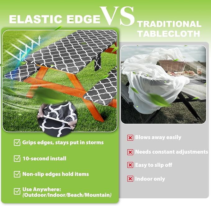 Fitted Picnic Table Cover with Bench Covers Waterproof Elastic Edges Rectangle Patio Tablecloth Outdoor Camping Essentials Stuff Rv Accessories Summer Trip Travel Supplies Party Camper Gifts, 6 ft