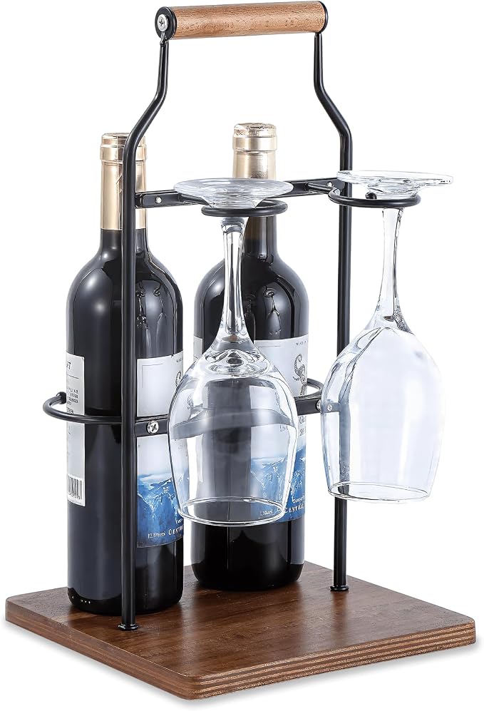 Countertop Wine Rack and Glass Holder | Portable Wine Caddy Holds 2 Bottles & 2 Glasses | Small Wine Rack with Wood Base, Perfect for Tabletop Wine Storage & Home Bar Decor (Black)