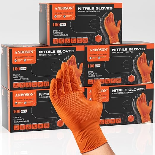 ANBOSON 10 Mil Heavy Duty Industrial Nitrile Gloves, Orange XLarge 500 Count