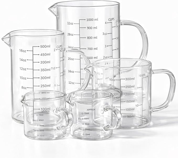 77L 5 Pack Glass Measuring Cup Set, [Insulated handle, V-Shaped Spout], High Borosilicate Liquid Glass Measure Cup for Kitchen, Easy To Read, Dishwasher, Freezer, and Microwave Safe