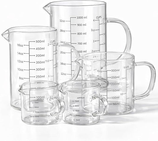 77L 5 Pack Glass Measuring Cup Set, [Insulated handle, V-Shaped Spout], High Borosilicate Liquid Glass Measure Cup for Kitchen, Easy To Read, Dishwasher, Freezer, and Microwave Safe