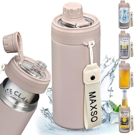 MAXSO Sealed Can Cooler Fizz Lid Can Cover for 12 oz Regular, Slim Skinny Cans & As Thermal Bottle, 4-in-1 Insulated Vacuum Stainless Steel Carbonated Cold Drink Holder - Oat