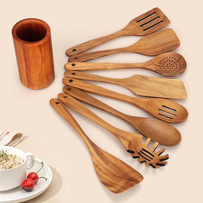 9 Pcs Wooden Kitchen Utensils Set with Holder Cooking Spoons Wood Spatula | Acacia Wood Spoons for Cooking Utensils Teak Flat Spatula Spurtles Large Mixing Serving Spaghetti Spoon Slotted Turner