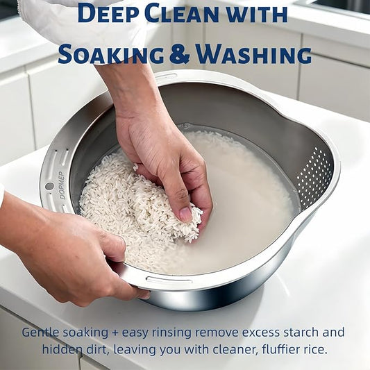 DOPMEP Rice Washer Strainer Bowl Stainless Steel Colander with Side Drainer | Ideal for Soaking, Washing, Cleaning, and Rinsing Rice, Fruits, Vegetables & Beans, Versatile Kitchen Tool