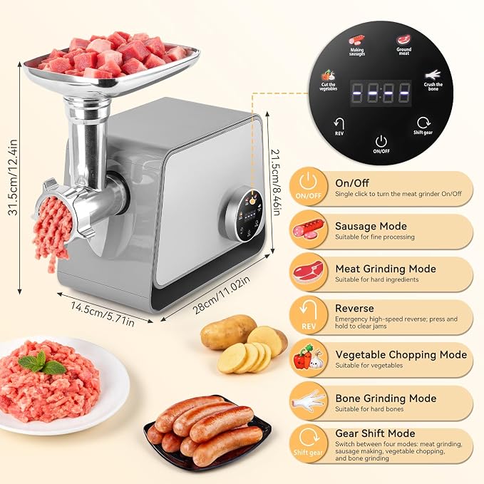 Electric Meat Grinder 1200W Max with Touch Color Screen, Vegetable Cutter,Reverse, and Multi-Function for Meat Grinding, Bone Grinding, Sausage & Meatball Making for Home