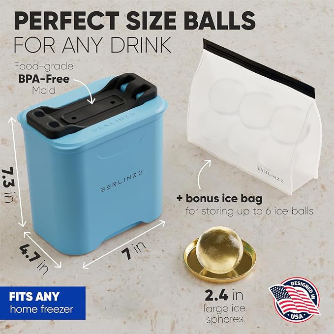 Berlinzo Ice Ball Maker Mold - 2 Clear 2.4in Whiskey Spheres, Non-Electric | Silicone, BPA-free, whiskey and bourbon, slow-melt, easy release, 2-count, storage bag included