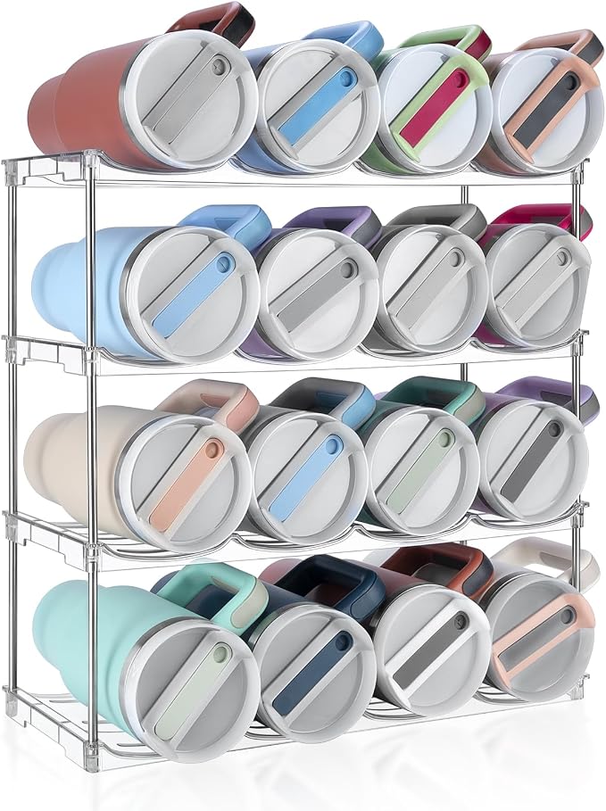 Stackable Water Bottle Organizer Large Compartment Water Bottle Holder | Tumbler Organizer for Stanley 40 oz Cup, Kitchen Cabinet Storage Organizer for Stanley Cup Accessories, 4 Tier Hold 16 Bottle