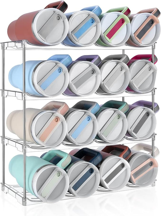 Stackable Water Bottle Organizer Large Compartment Water Bottle Holder | Tumbler Organizer for Stanley 40 oz Cup, Kitchen Cabinet Storage Organizer for Stanley Cup Accessories, 4 Tier Hold 16 Bottle