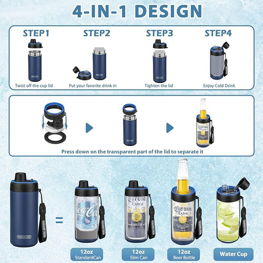 4 In 1 Beer Can Cooler Bottle Holder with Drinking Spout Lid for 12oz Regular, Slim Skinny Cans and Thermal Bottles,Sealed Insulated Double Wall Vacuum Stainless Steel Can Keeps Your Drinks Cold