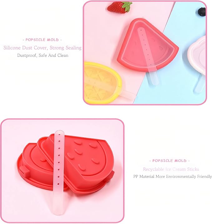 2 Pack Watermelon Popsicle Mold Set with Sticks Silicone Popsicle Maker Ice Cream Molds DIY Frozen Ice Pop Molds Kitchen Accessories Easy Release Breastmilk Reusable BPA Free for Summer Homemade