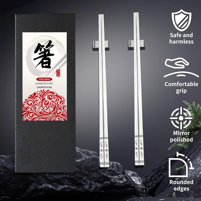 Metal Chopsticks Reusable 2 Pairs: Stainless Steel Chopstick with Two Holders Set ,Dishwasher Safe,Non-Slip,Gift Box Packaging,Laser Engraved,Japanese Chinese Korean Chop Sticks for Cooking Eating