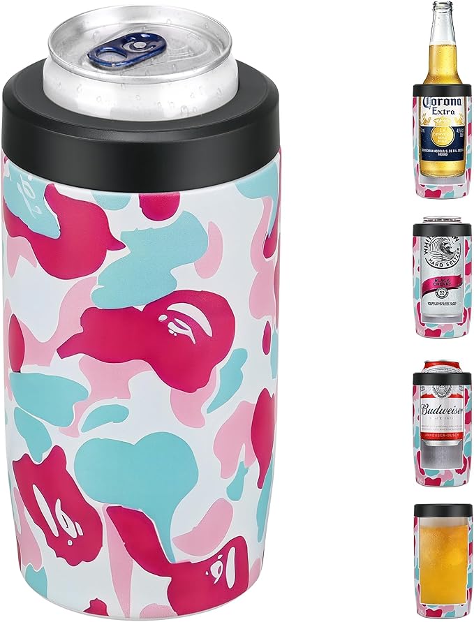 MAXSO Slim Can Cooler, 4-in-1 Double Walled Stainless Steel Insulated Beer Can Holder, Works With All 12 Oz Cans,Bottles & As A Pint Cups - Leo Pink