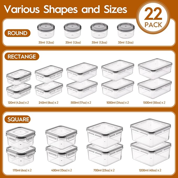 44 PCS Food Storage Containers with Lids Airtight (22 Containers & 22 Lids), Leak proof Meal Prep Container Set for Kitchen Storage, BPA-free, PVC-free Plastic, Microwave/Dishwasher Safe, Labels & Pen | 22 Containers & 22 Lids, Leak Proof, Meal Prep, K...