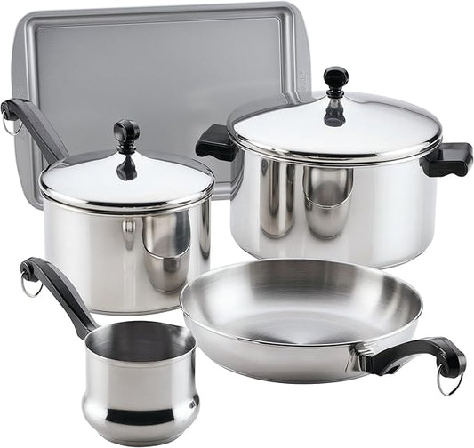 Farberware Classic Series Stainless Steel Pots and Pans with Baking Sheet Pan, Cooking Tools, and Lids, Induction Ready, Dishwasher Safe, 10 Piece Cookware Set, Metal Utensil Safe - Stainless Steel