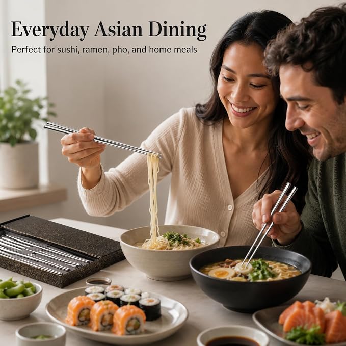5 Pairs Stainless Steel Chopsticks, 9.25" Metal Set, Non-Slip Tips | 18/8 304 Stainless Steel, 5 Colors, Square Body, Laser-Engraved Tips, Dishwasher Safe, Gift Box