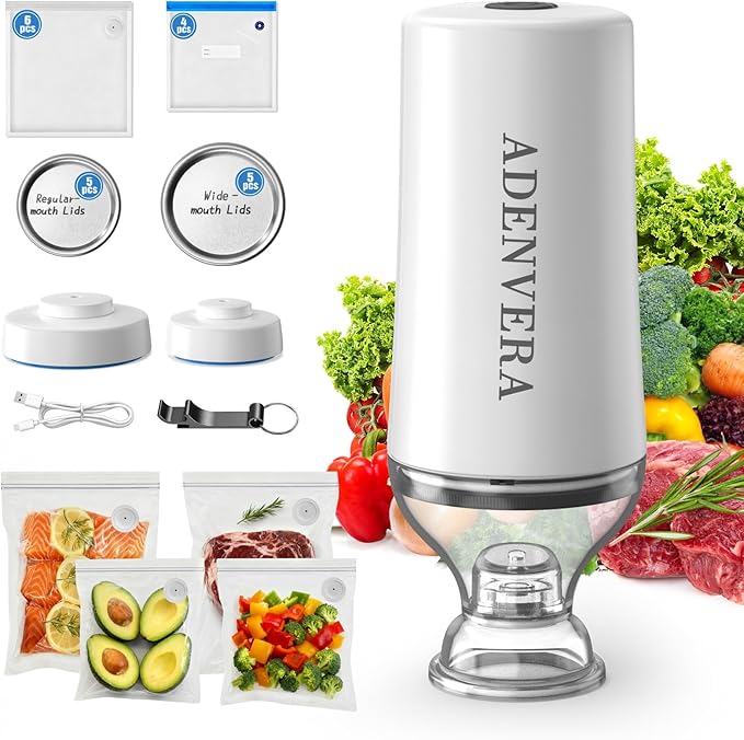 Handheld Vacuum Sealer for Food — Electric Vacuum Sealer Machine & Mason Jar Vacuum Sealer Kit with 10 Reusable Bags & 10 Mason Jar Lids, Portable & Rechargeable, Smart Auto-Stop, White