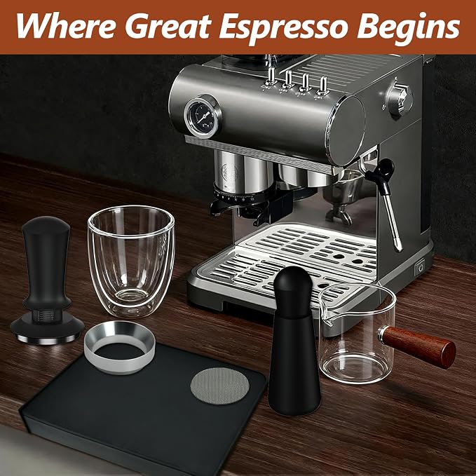 7 Pcs 58mm Espresso Accessories Kit, Spring Loaded Calibrated Tamper, WDT Tool, Coffee Measuring & Espresso Cup and Tamper Mat, Puck Screenr & Dosing Funnel, Fit 58mm Espresso Machine Accessories