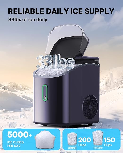 Silonn Nugget Ice Maker Countertop, Pebble Ice Makers with Crushed Soft Chewable Ice, 33lbs Per Day with Scoop, Pellet Portable Ice Machines with Auto-Cleaning for Home, Kitchen, Office