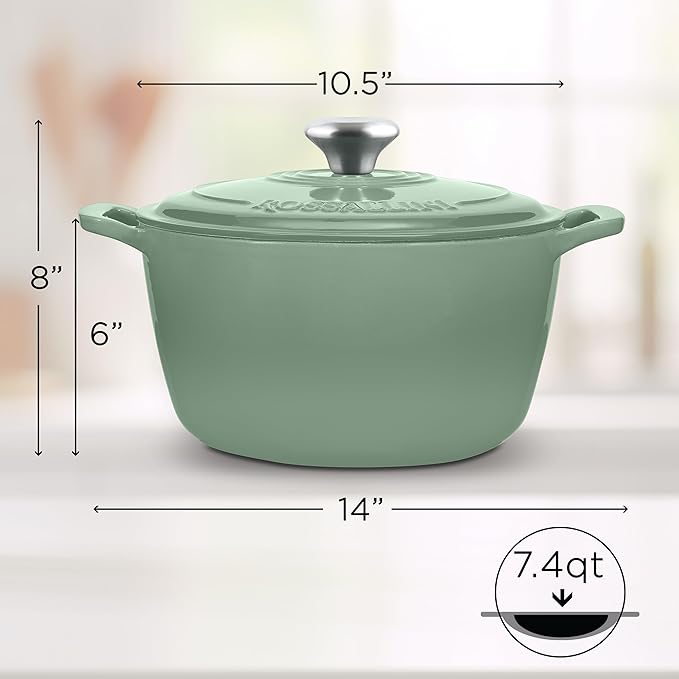 Signature Enameled Cast Iron Dutch Oven, Non-Stick Serving Pot with Tight Fitting Lid for Perfect Roasting, Baking, Sauteing, and Bread Making | 7.4Q (7L) - Sage