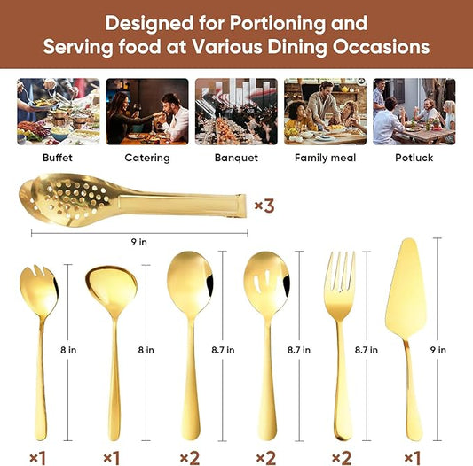 XEVOM Gold Serving Utensils Set, 12 Pack Polished Stainless Steel, Includes Spoons, Forks, Tongs, Ladle, Cake Server (Gold)