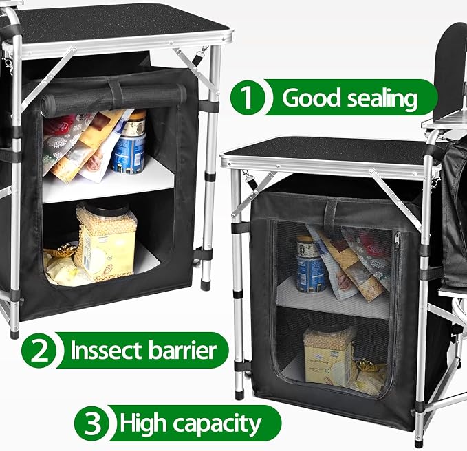 CampLand Folding Camping Kitchen Table with Windscreen,Portable Outdoor Cooking Station with Storage Cabinet & Side Tables Heavy Duty Camp Cook Station for Camping & BBQ (Black3cabinet)